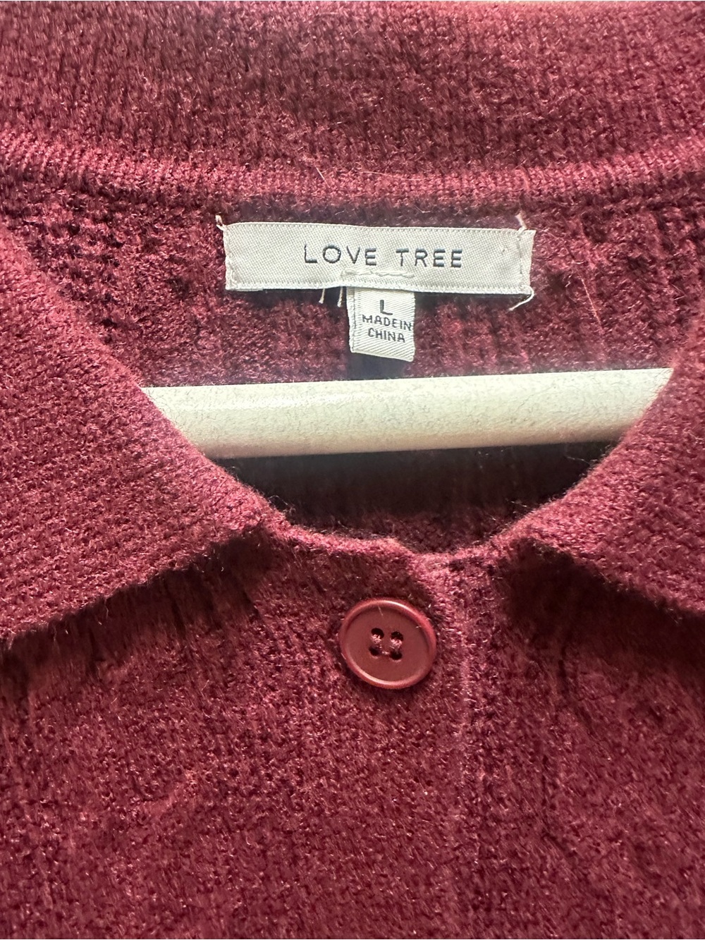 Love Tree Collared Button-Up Sweater in Deep Berry